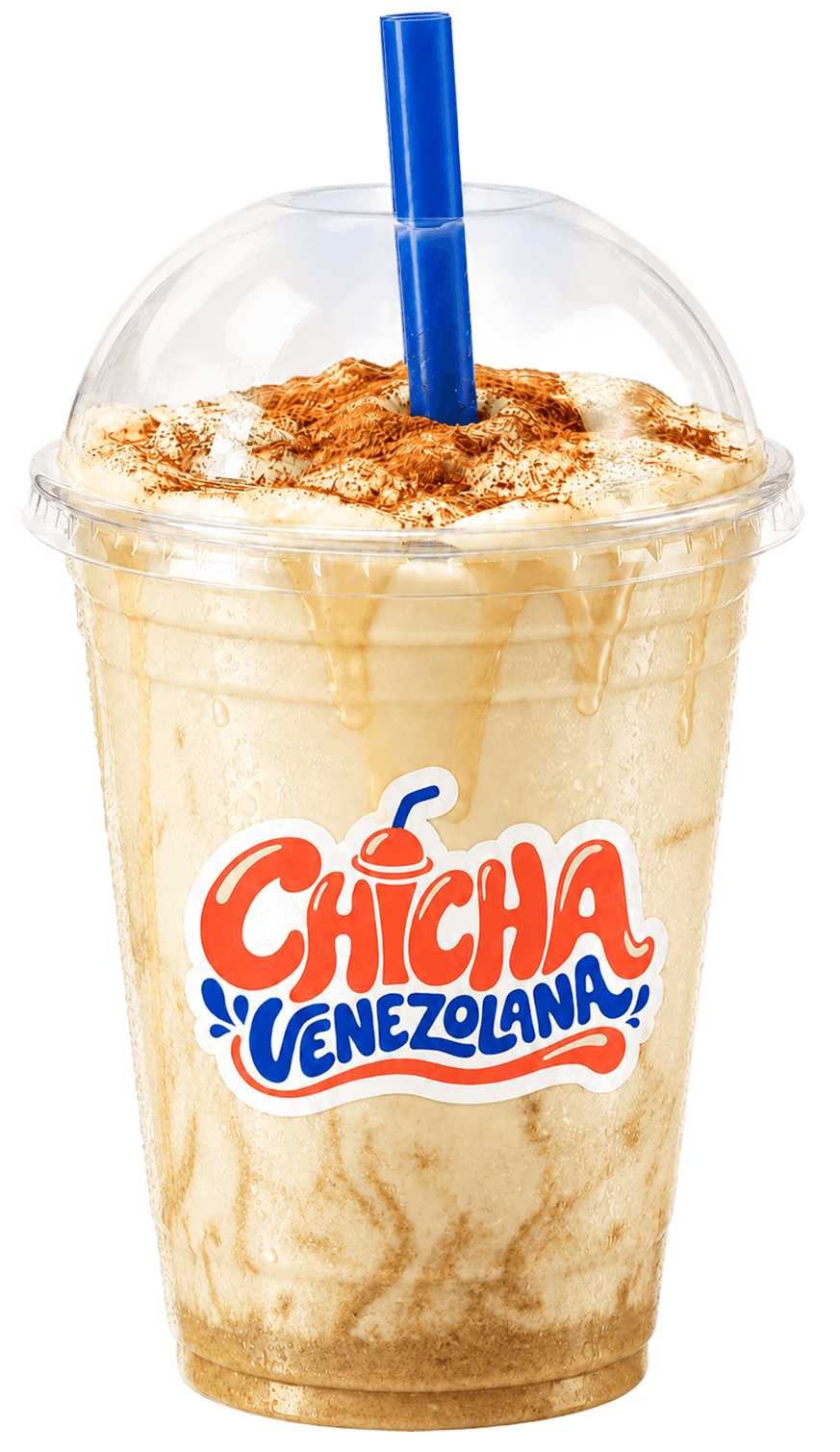 Vaso de chicha Ajonjolí, cremosa, con tapa cúpula y pajilla azul.