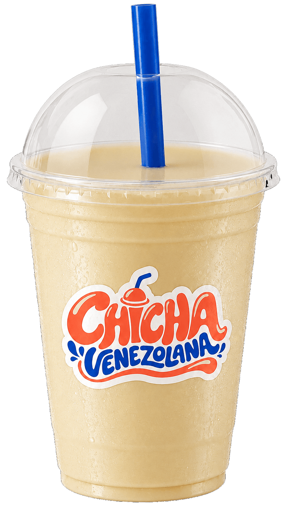 Vaso de chicha Andina, cremosa, con tapa cúpula y pajilla azul.